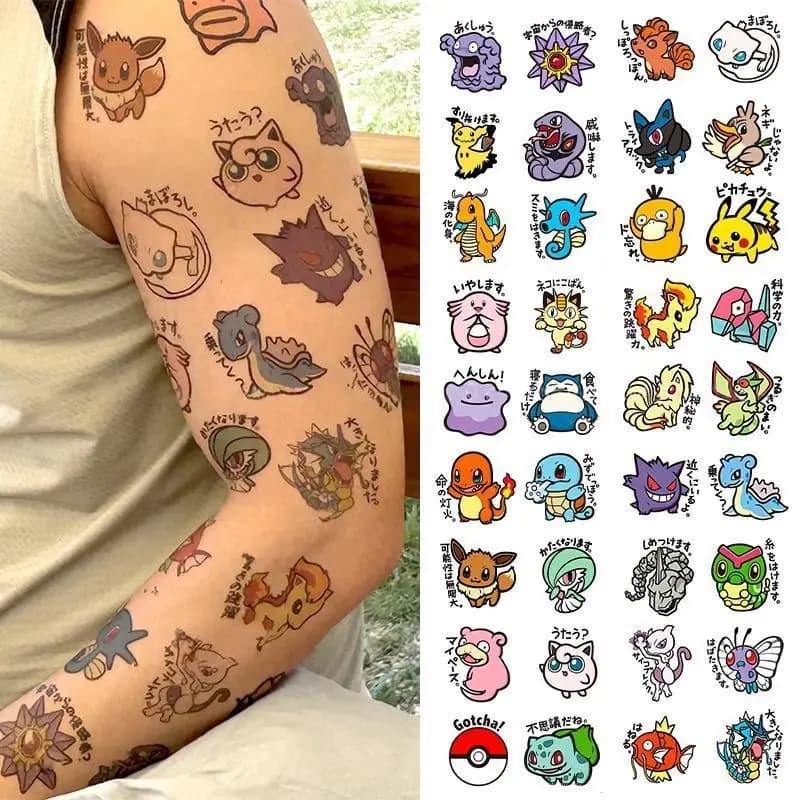 Pokémon Colorful Tattoo Stickers, Cute Cartoon Full-arm Pokémon Fairy Waterproof, Long-lasting, Realistic Stickers