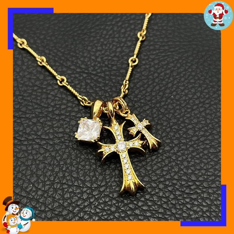 Premium Gold Double Cross Necklace Men's and Women's Colored Diamond Sugar Cube Pendant Classic Temperament Versatile Collarbone
