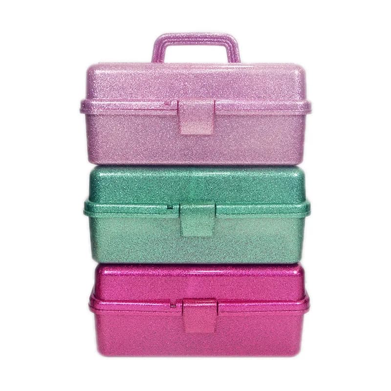 Pink and handicraft glittering tool box, 3-layer stackable, for carrying equipment, beauty cosmetics, manual sewing case for art