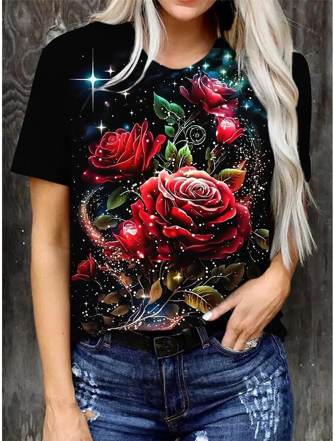 Women's T shirt Tee Rose Floral Casual Holiday Print Short Sleeve Fashion Crew Neck Summer&Spring Harajuku t-shirts for girls