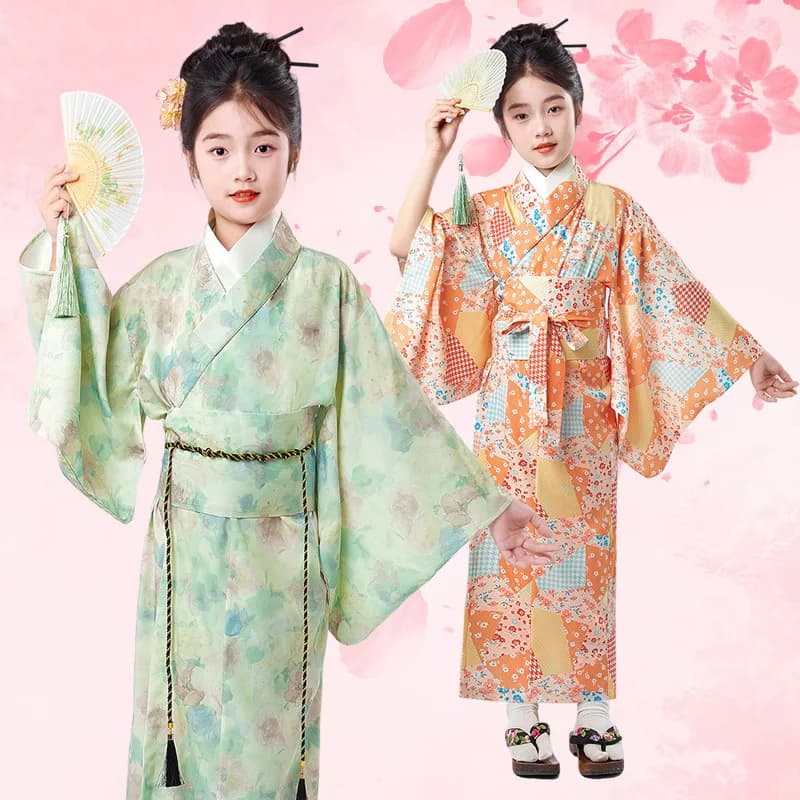 Asian Children Japanese Kimono Bathrobe Gown Japan Style Yukata Dress Obi Vintage Oriental Haori Halloween Cosplay Costume