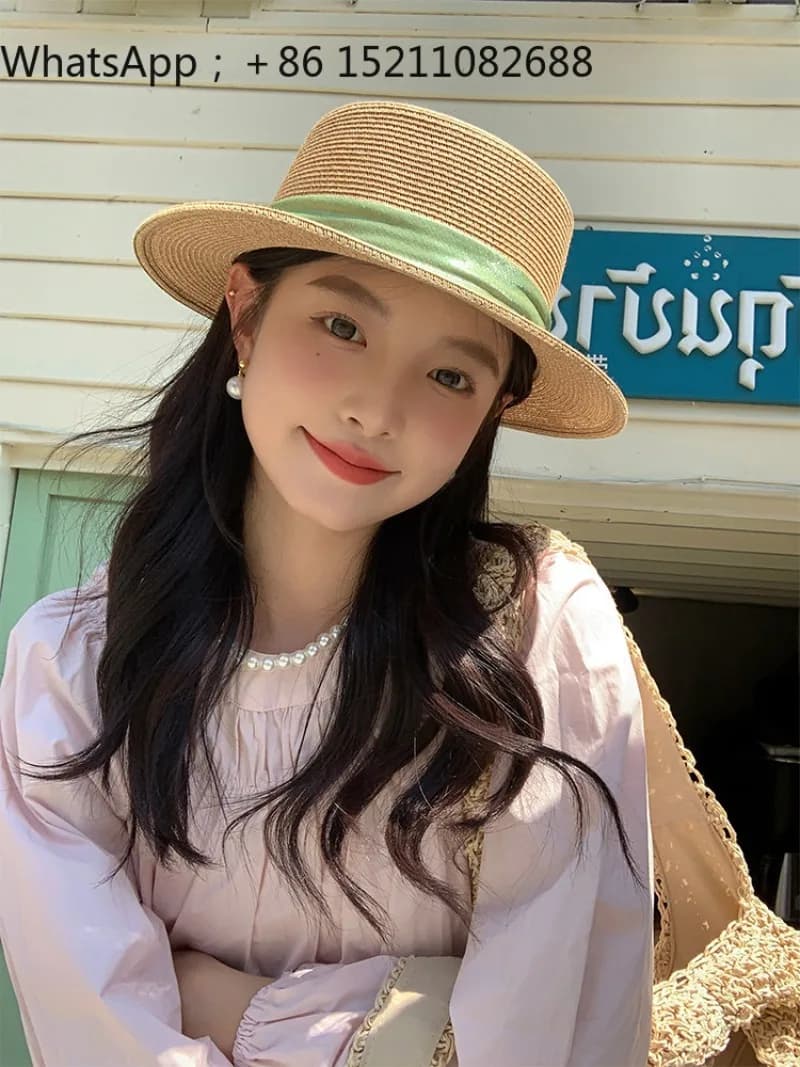 LLY high value flat top straw hat children seaside vacation sunshade sunscreen hat big head circumference