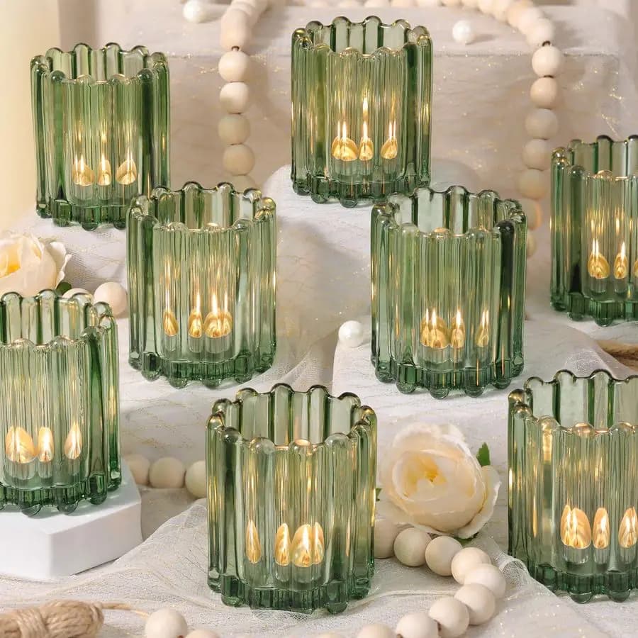 Green Votive Candle Holder, Set of 12 Candles, Tealight Candle Holder for Wedding Centre and Dinners