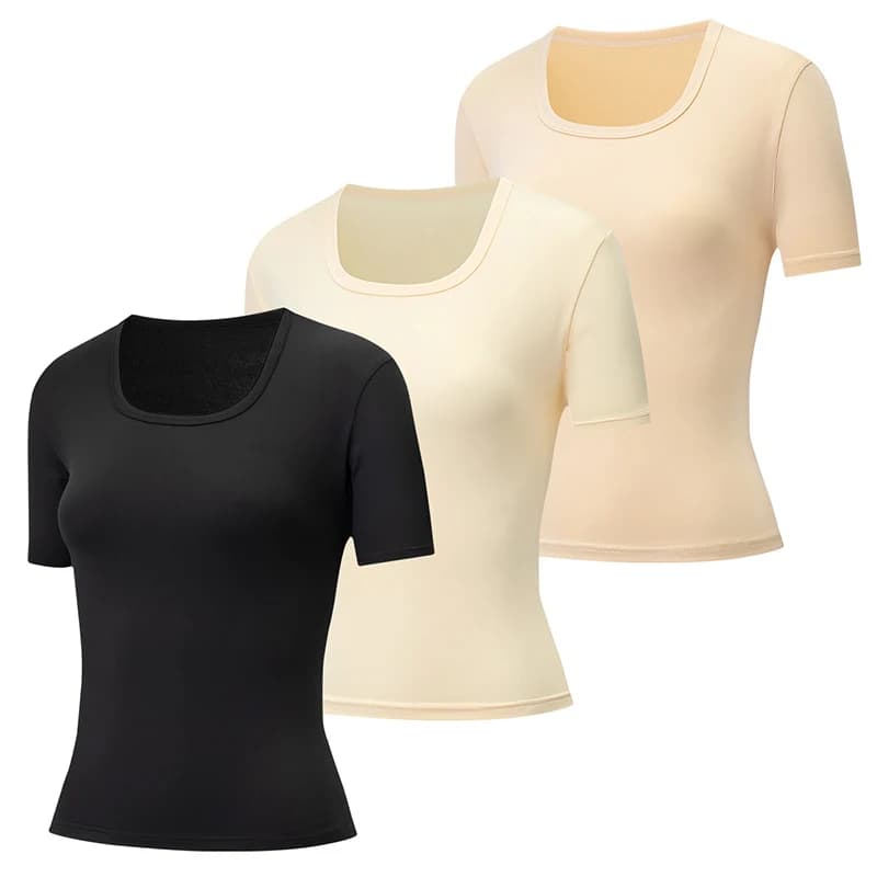 Women's comfortable casual t-shirt in 3 pieces, summer, solid color, sexy, with U-neck, short sleeves, for fitness, sport, home, slimming