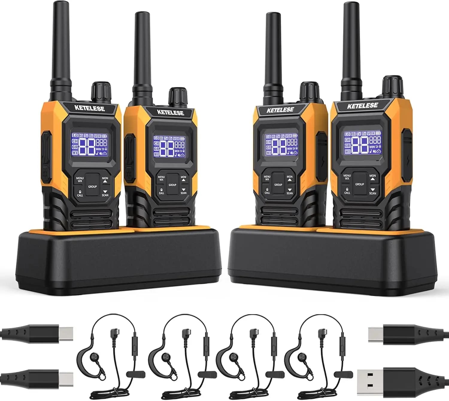 Walkie Talkie a Lungo Raggio, Set da 4, Radio Bidirezionali Impermeabili IP67 con Auricolare, Allerta Meteo NOAA, VOX, Chiamata di Gruppo, Arancione