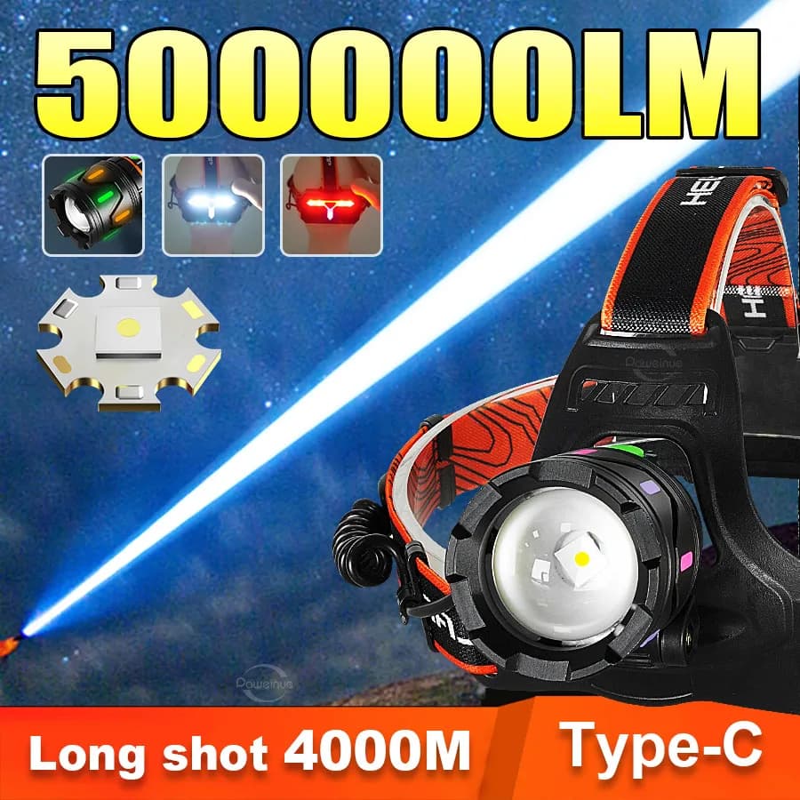 Torcia frontale a LED ultra potente da 5.000.000LM 800W, ricaricabile tramite USB-C, per pesca e campeggio