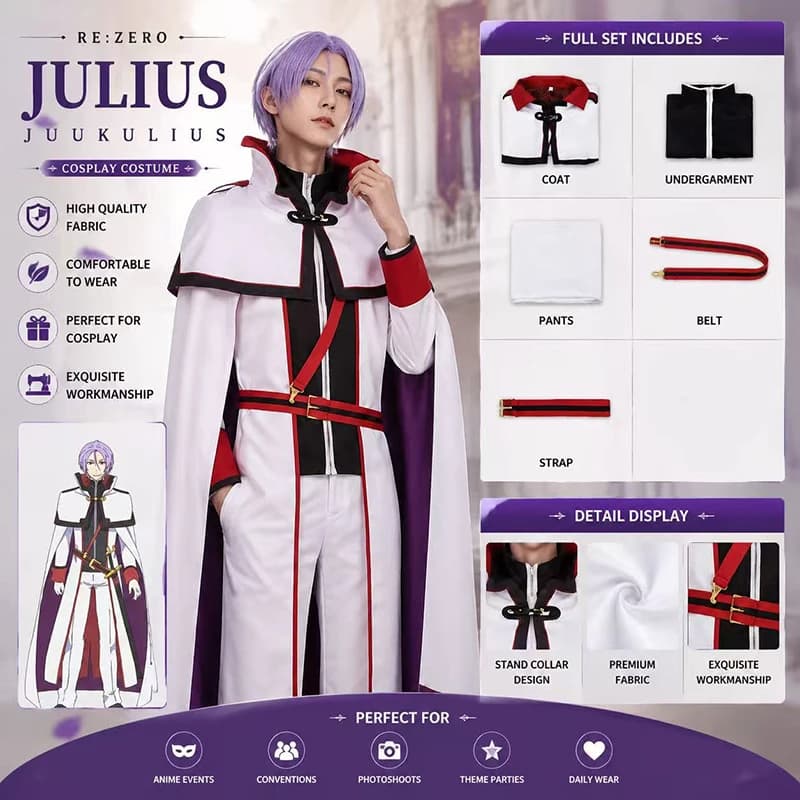Anime Re:Life in a Different World From Zero Julius Juukulius Cosplay Costume Role Play Comic Con Halloween Convention Outfits