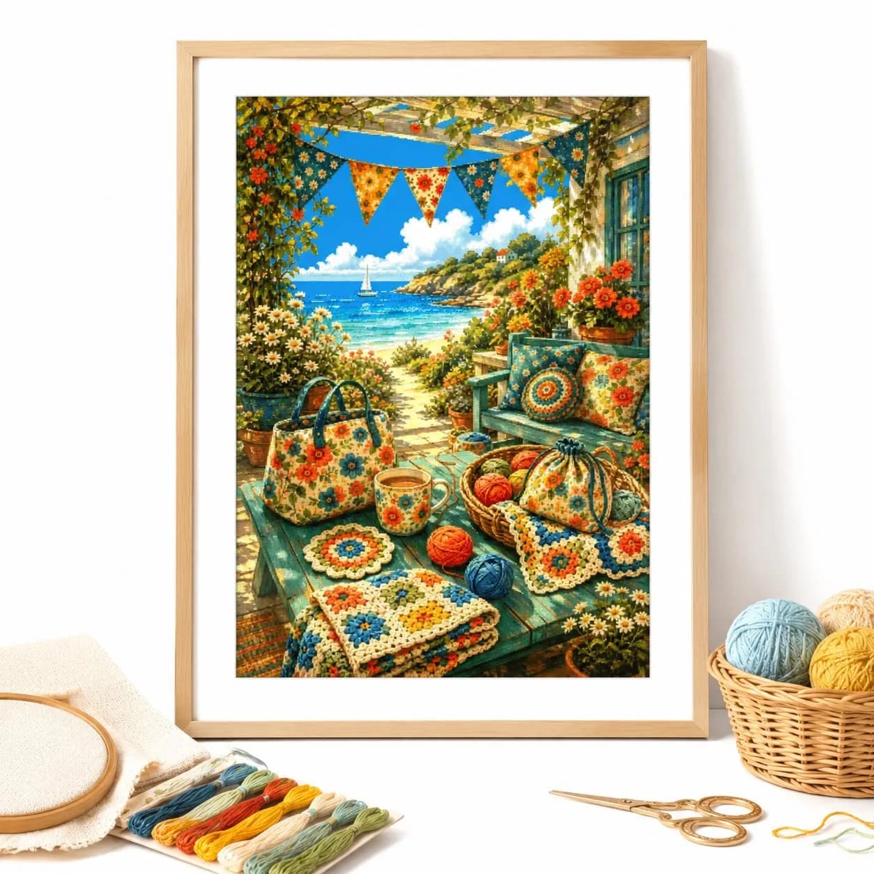 20CT [ZZ9196-Seaside Crochet Hut]11CT 14CT 16CT DIY Stamped Cross Stitch Kit with Printed Canvas and Cotton Threads