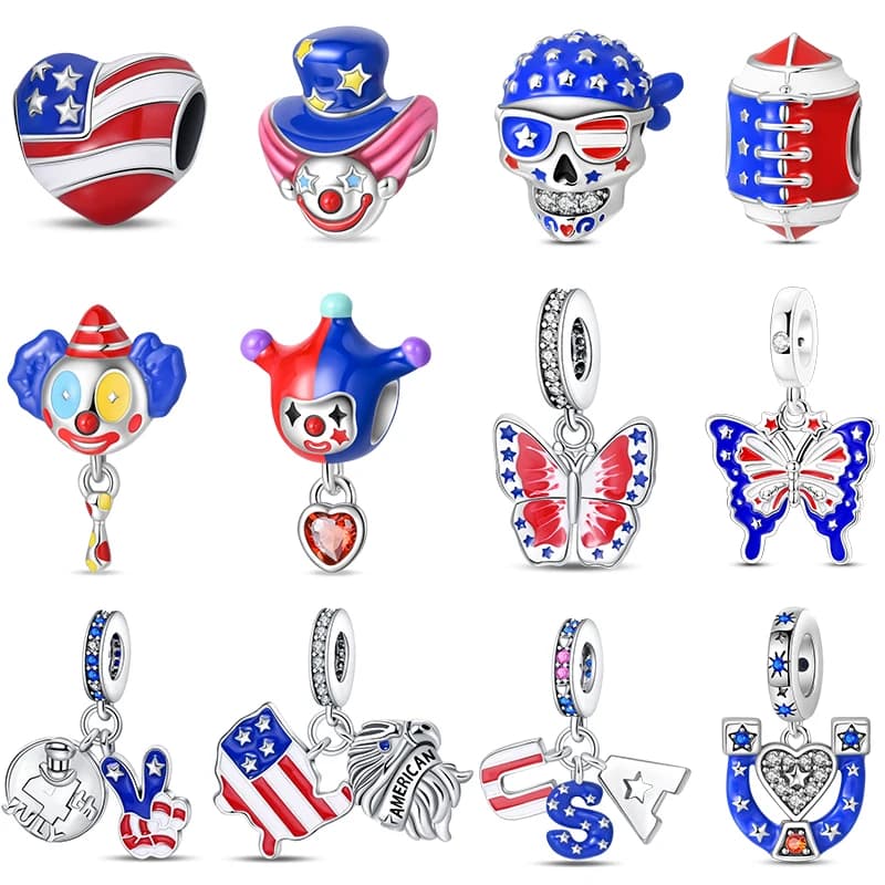 S925 Silver Plated Heart Shaped American Flag Western Cowboy Hat Beads Suitable Bracelet Original Birthday Jewels DIY