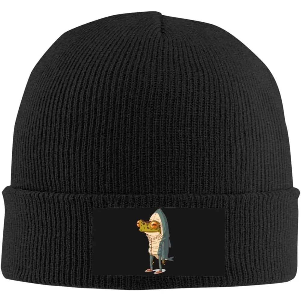 Berretto lavorato a maglia nero con divertente costume da rana in squalo, cappello caldo invernale per uomo e donna, divertente berretto con teschio con stampa animalier