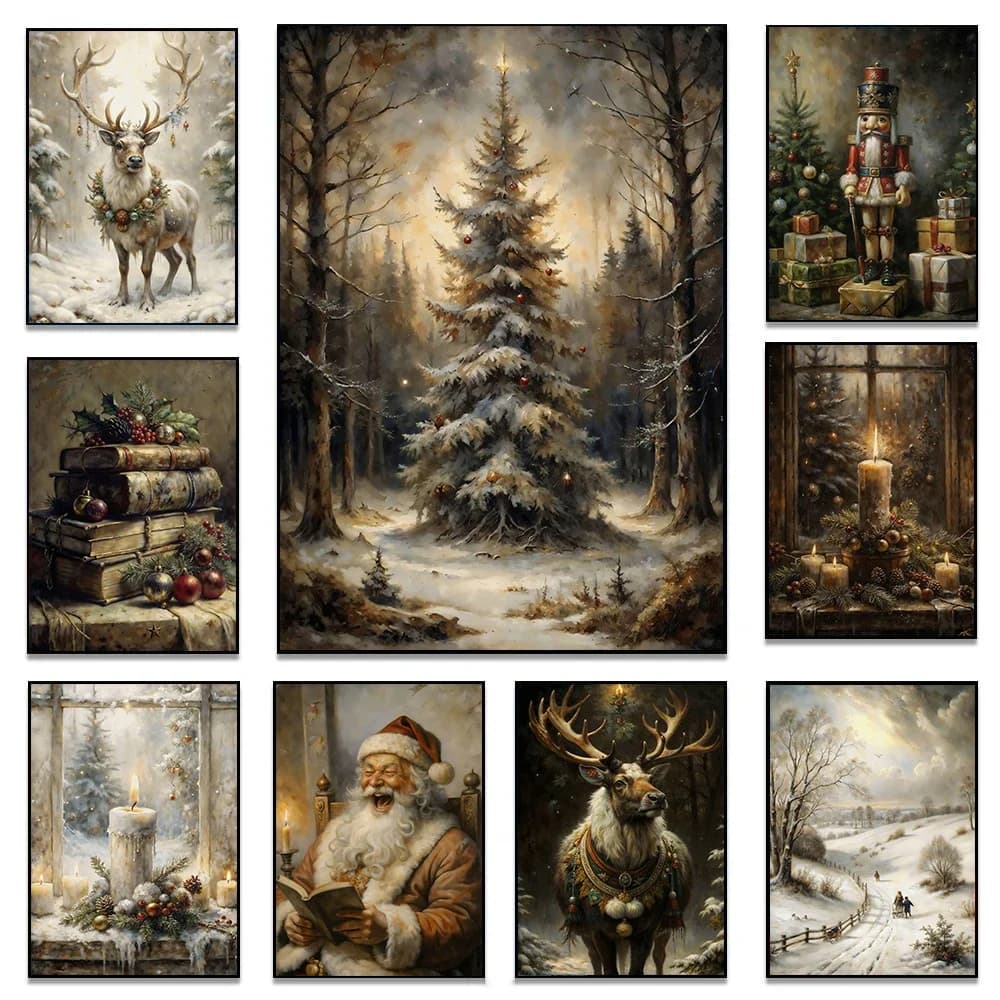 Vintage Holiday Christmas Santa Claus Candle Deer Pine Tree Winter Landscape Poster Canvas Painting Wall Art Pictures Home De