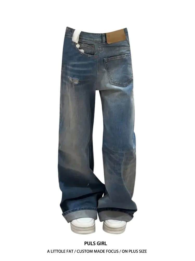 Womens Loose Fit Straight Leg Jeans High Waist Distressed Washed out of Sync Design American Street Style plus Size Jeans