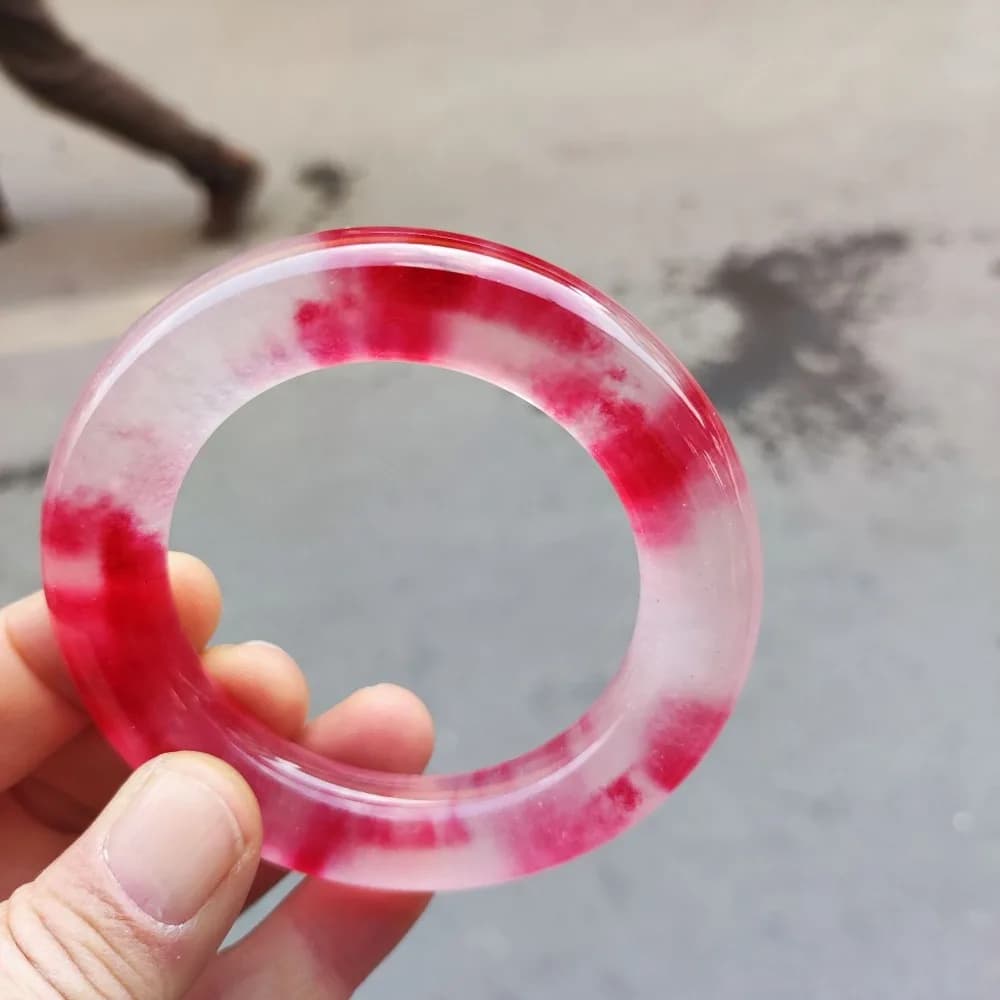 Ice Seeds Fat Round Bar Floating Red Bracelet Water Foam Jade Red Pepper Flower Round Bar Rigid Bracelet in Jade High Ice