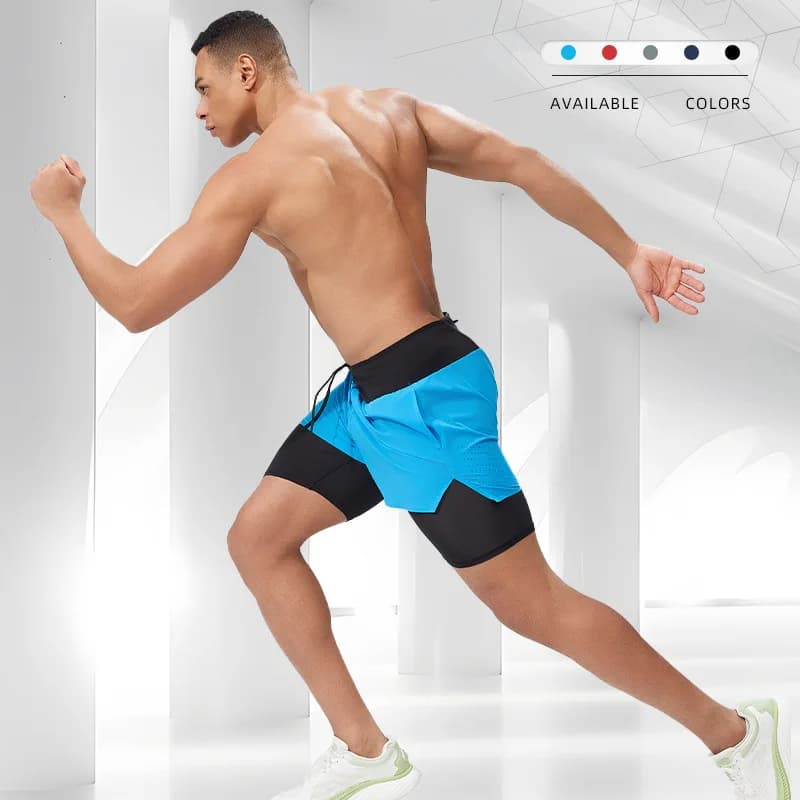 Pantaloncini da corsa estivi per maratona, pantaloni da marsupio ad asciugatura rapida, finti allenamento fitness da ciclismo a due pezzi a doppio strato