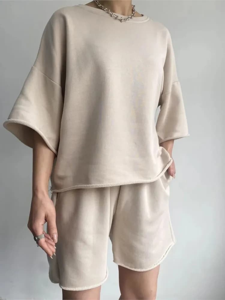 Casual Short-sleeved Sports Two Piece Sets Ladies Summer Round Neck Loose Solid Color T-shirt Simple Style Wide Legs Shorts Suit
