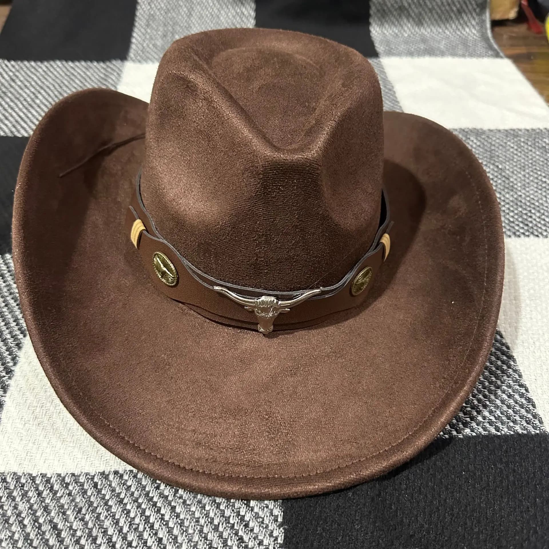 Unisex Jazz Cowboy Hat - Casual Suede-Feel Bull Head Logo Western Cap (58-60cm) for Men & Women