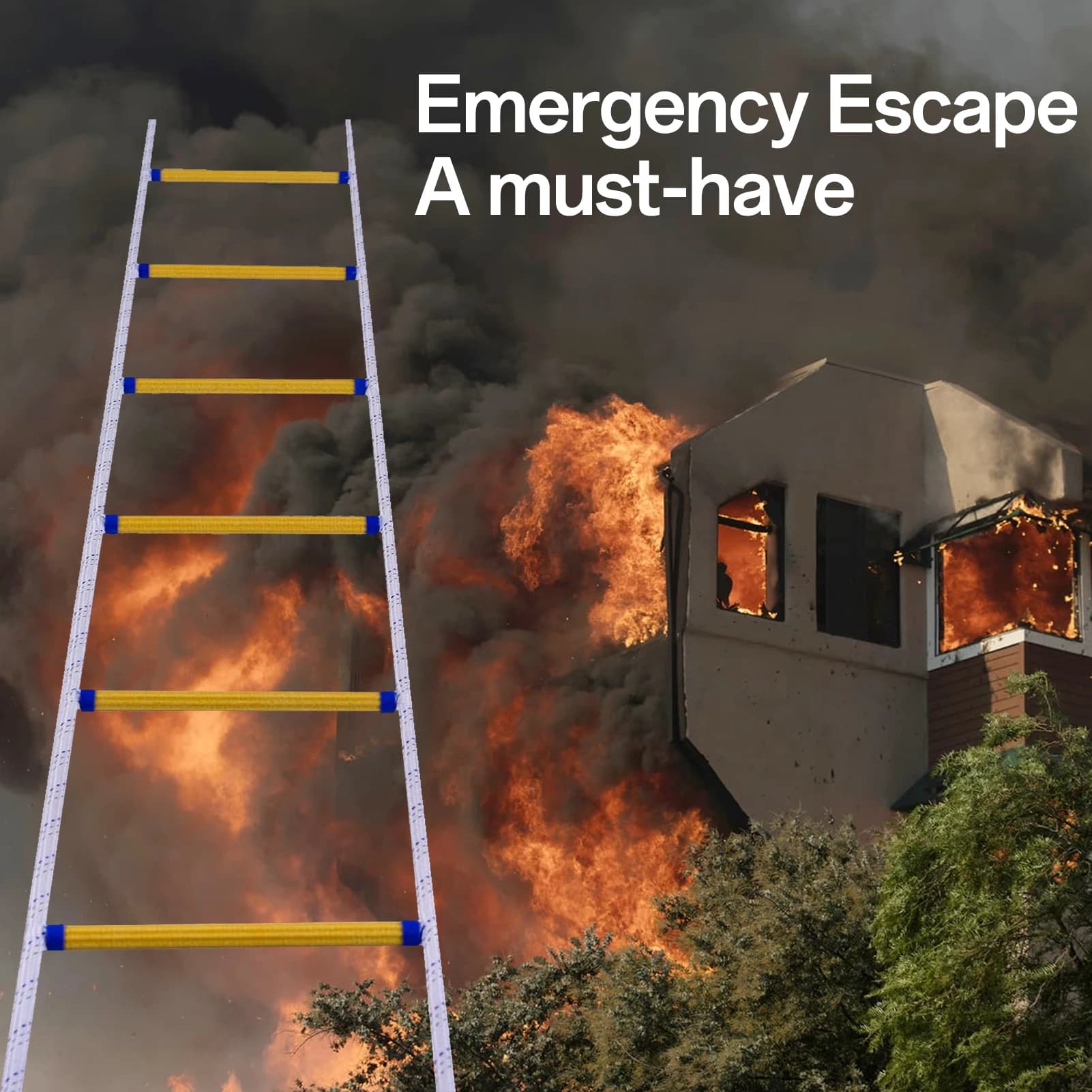 Scala di corda antincendio da 20 metri con 2 ganci per fuga d'emergenza e soccorso in caso di incendio