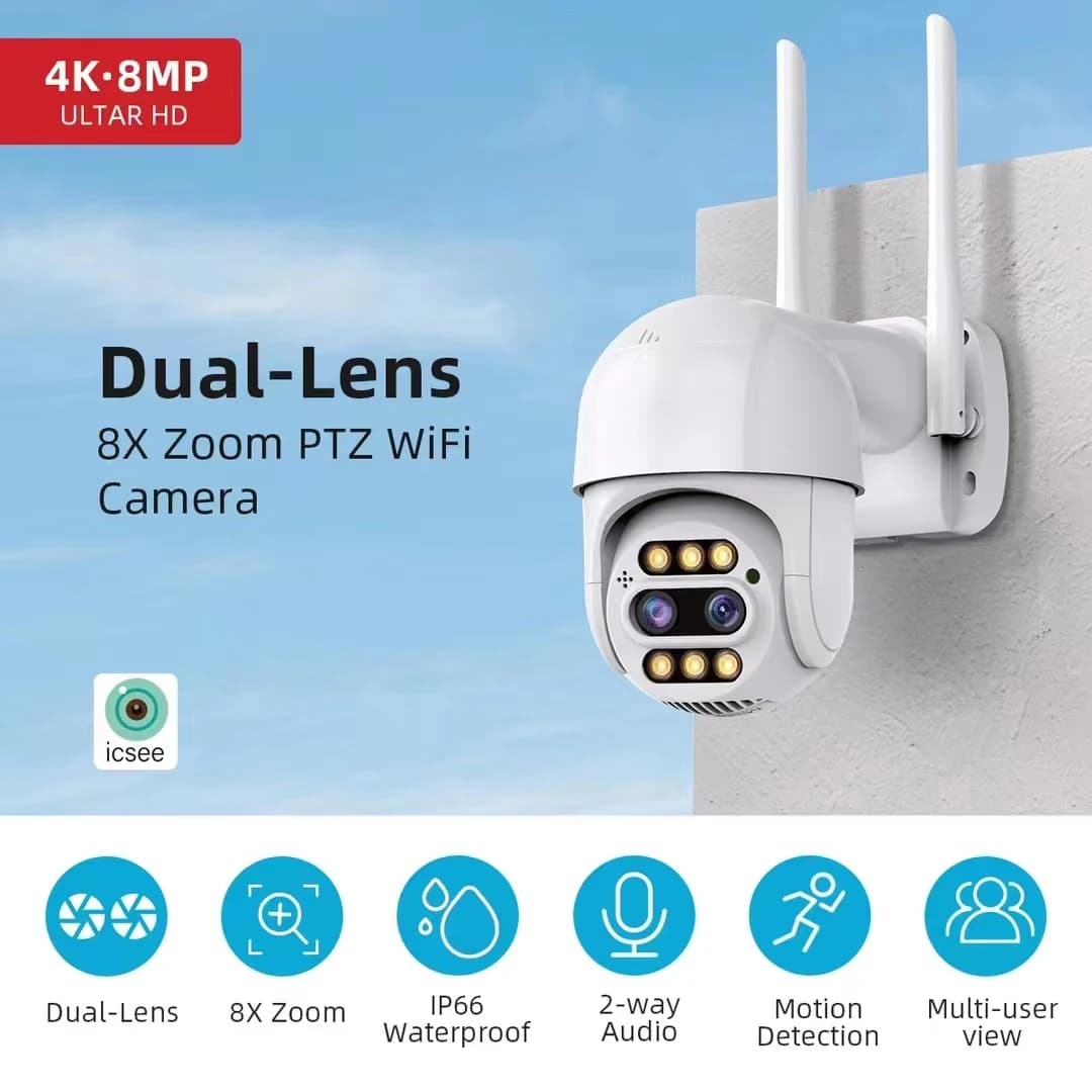 2K HD 4MP iCsee APP 8X Zoom Doppia lente PTZ IP Dome Camera AI Rilevamento umanoide Sicurezza a colori CCTV Citofono Baby Monitor