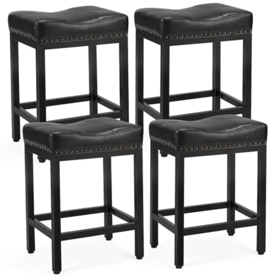 Set di 4 Sgabelli da Bar con Seduta Curva in Pelle PU, Altezza 24 Pollici, Spessore 3,7 Pollici, Imbottiti con Poggiapiedi per Isola Cucina