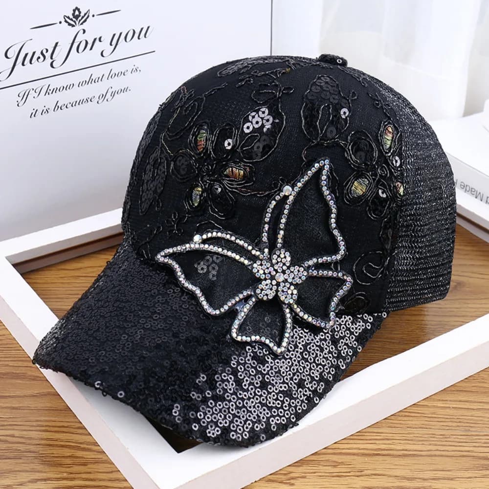 Cappellino da Baseball Trendy da Donna in Rete Nera con Strass, Traspirante, Regolabile, con Decorazione a Farfalla, per Primavera Estate Autunno