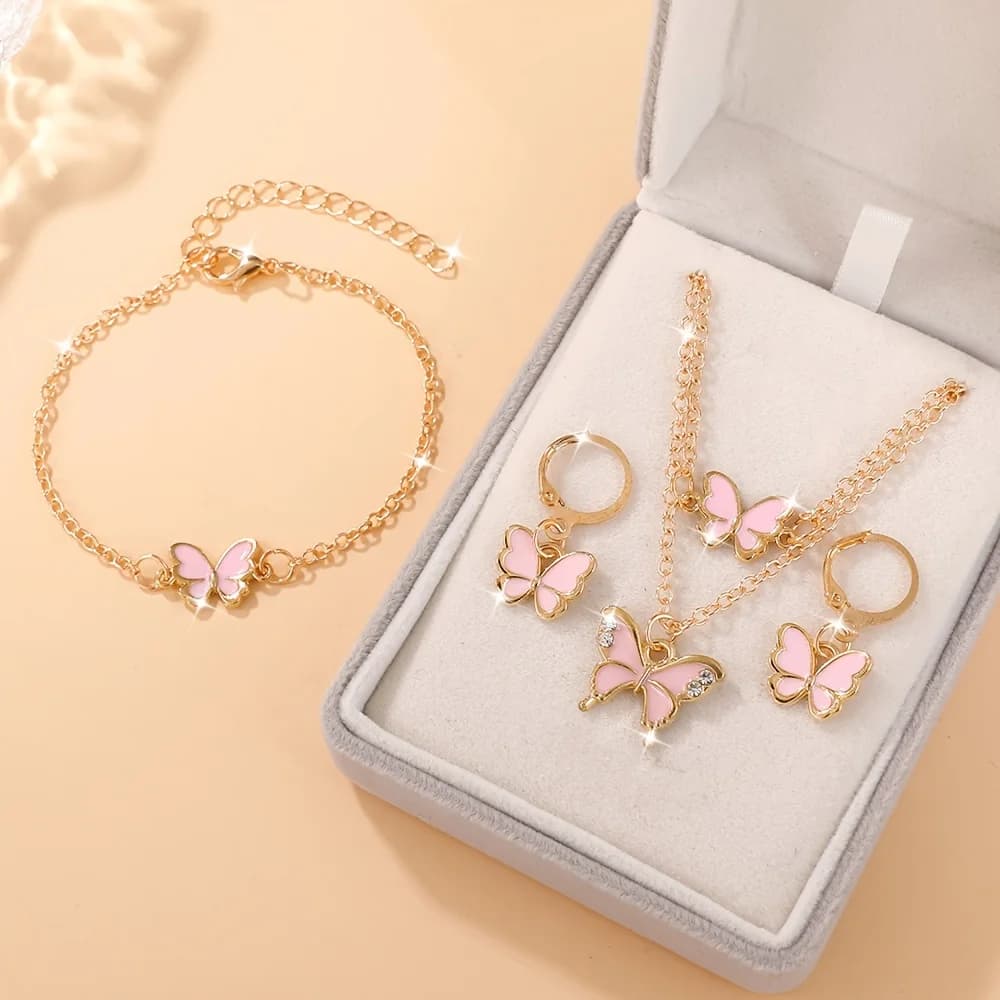 4-Piece Luxury Elegant Academy Style Butterfly Jewelry Set: Alloy No-Plating with Plastic Mosaic, Includes Necklace, Bracelet, Earrings for Daily Wear & Gifts