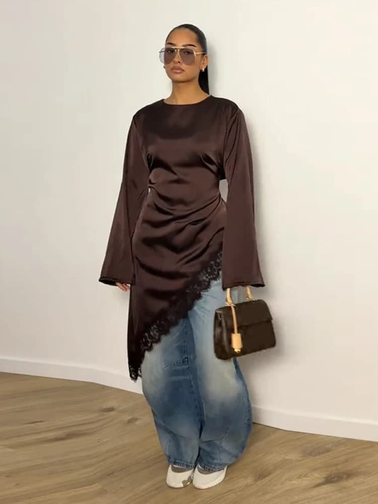 Camicetta da donna in raso con pizzo, scollo a O, maniche lunghe e laccetti in vita, top chic primavera estate 2026, nuova collezione streetwear da donna
