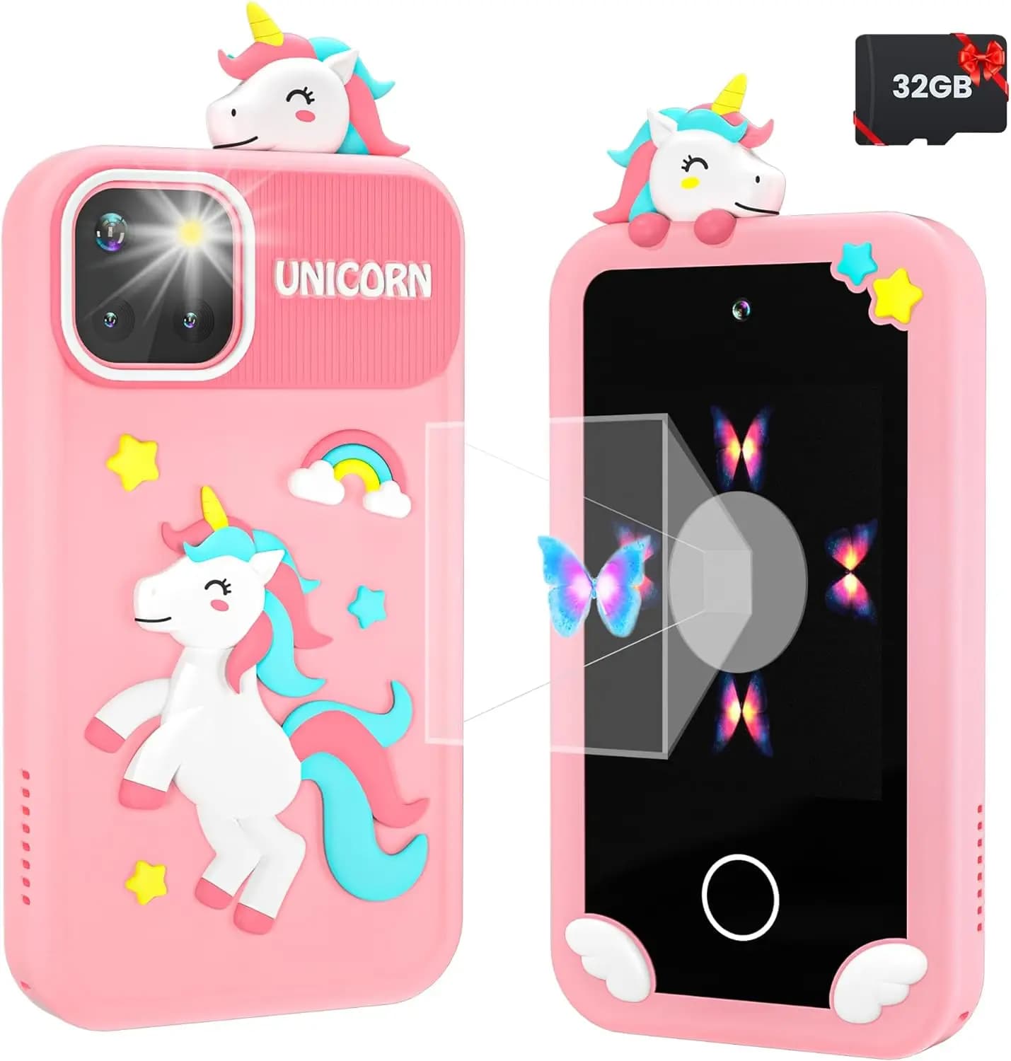 Smartphone per bambina con scheda 32G, giocattolo per l'apprendimento del bambino con touch screen da 2,8 pollici, doppia fotocamera, lettore musicale (rosa)
