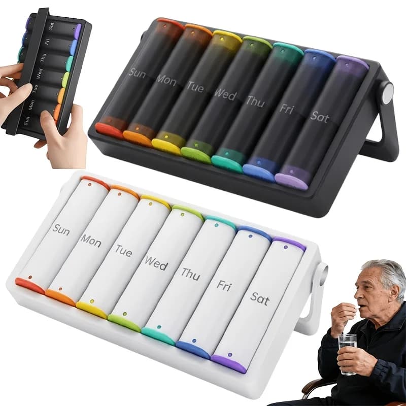 Un organizer portatile per pillole in grado di contenere abbastanza farmaci per una settimana, sette giorni, con capacità di dividere le pillole, un promemoria per prendere i farmaci, una scatola porta pillole per l'uso mattutino e serale, con maniglia girevole, un contenitore speciale per vitamine, farmaci, integratori e olio di pesce, disponibile nei colori bianco e nero.
