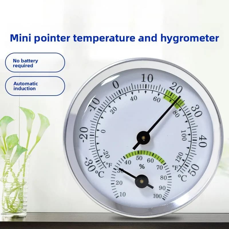 Mini Igrometro Termometro Analogico con Cassa in Lega di Alluminio e Base in Plastica con Lente