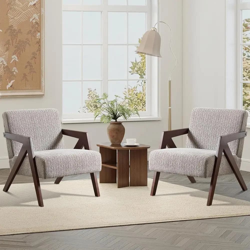 Set di 2 Poltrone Century in Stile Moderno con Dettagli in Legno, Poltrona Imbottita per Camera da Letto e Soggiorno, Cuscino in Lino, Braccioli a Forma di Z