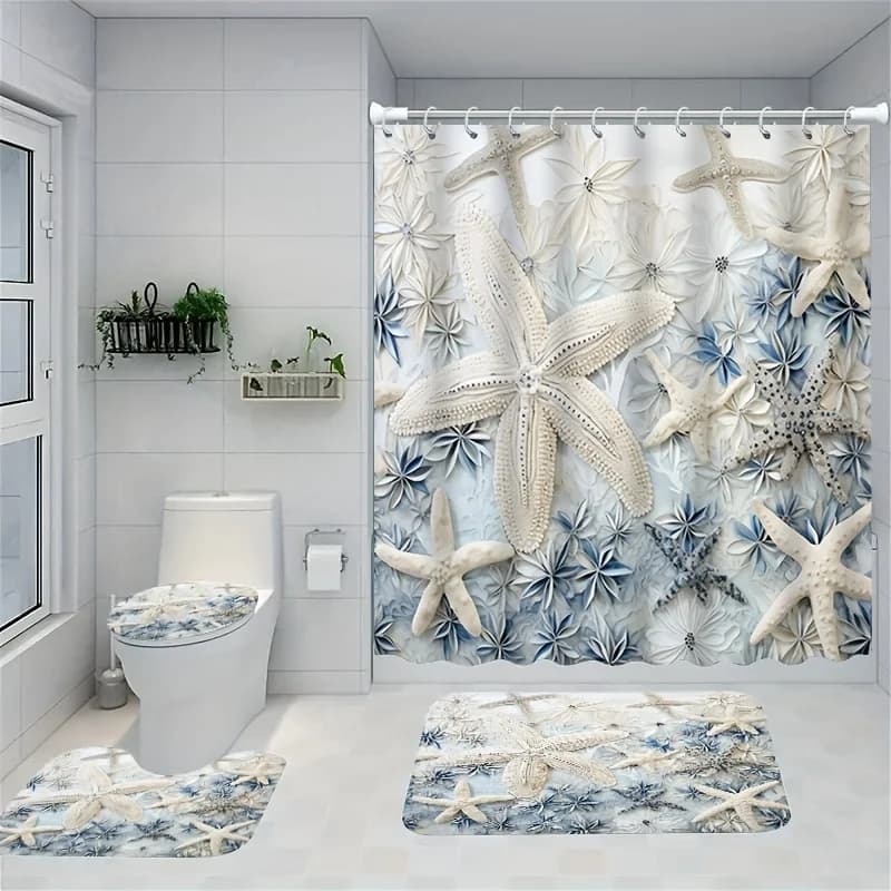 4pcs 3D ocean print starfish series shower curtain set, decorative bathroom set include waterproof shower curtain, non-slip fl