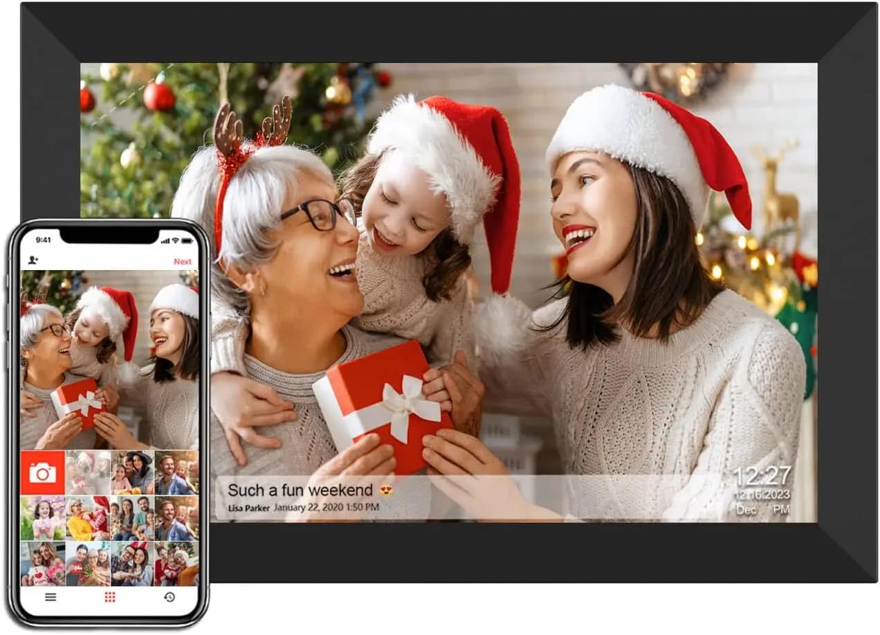 Cornice digitale WiFi da 10,1 pollici 32GB, schermo touch IPS HD 1280x800, rotazione automatica, montabile a parete, condivisione foto tramite app