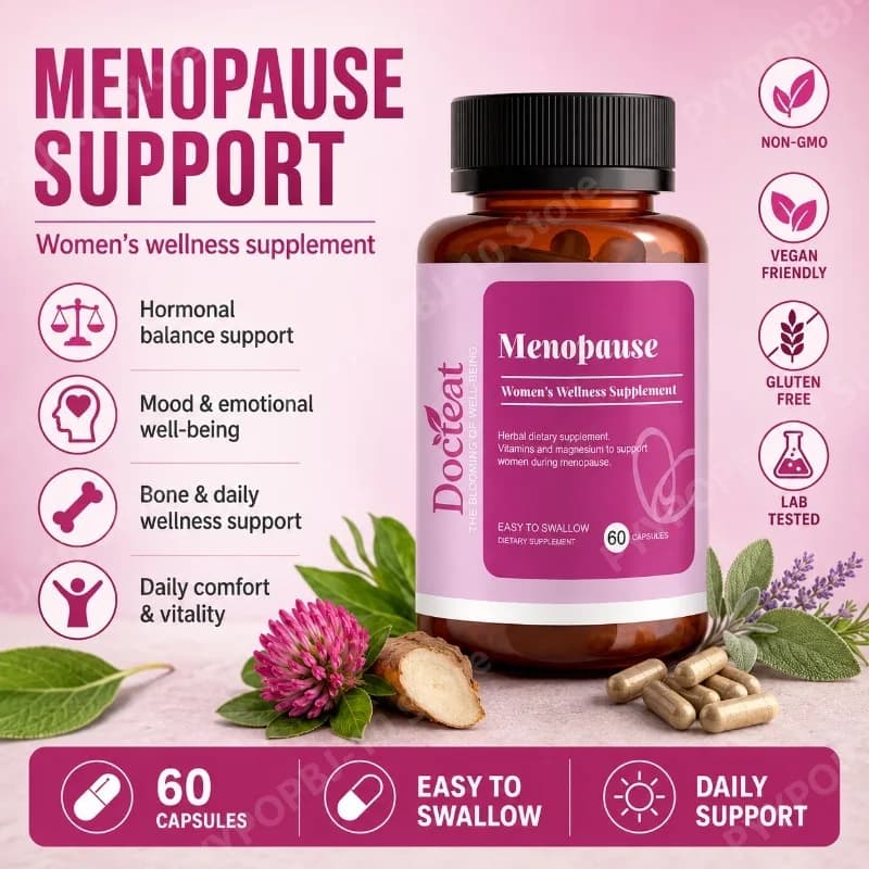 Integratore per la menopausa Docteat per donne, 60 capsule facili da ingoiare, con magnesio, estratto di Black Cohosh, estratto di Wild Yam, vitamina D3 e K2