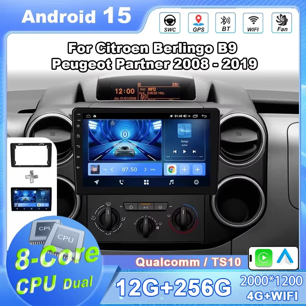 Android 15 Auto DVD Radio Stereo For Citroen Berlingo B9 Peugeot Partner 2008 - 2019 Auto Multimedia Carplay GPS Qualcomm