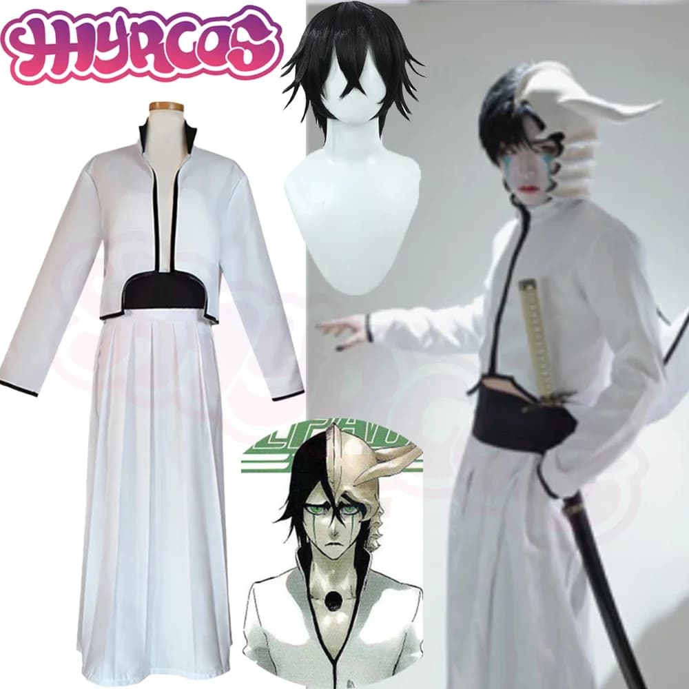 CosplayAnime Bleach Cosplay Costume Ulquiorra Ulquiorra Helmet Masks Wigs White Kimono Hair (jacket + trousers + belt) Kendo C