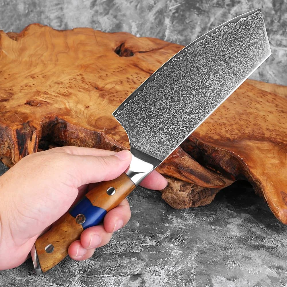 Stainless Steel Kitchen Knife Damasked by 7.5 Inches, Forged blade at 67 Roads, Wood and Resin Handle