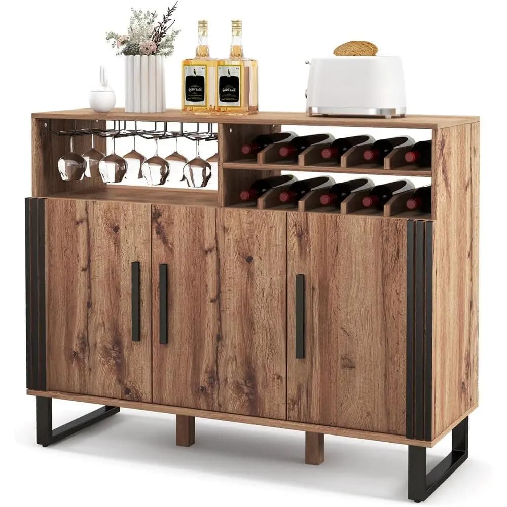Mobile Bar per Vini, Credenza Buet con 3 Ripiani Regolabili, Mobiletto per Liquori con Portabottiglie a 2 Livelli e Portabicchieri a 4 File, in Metallo L