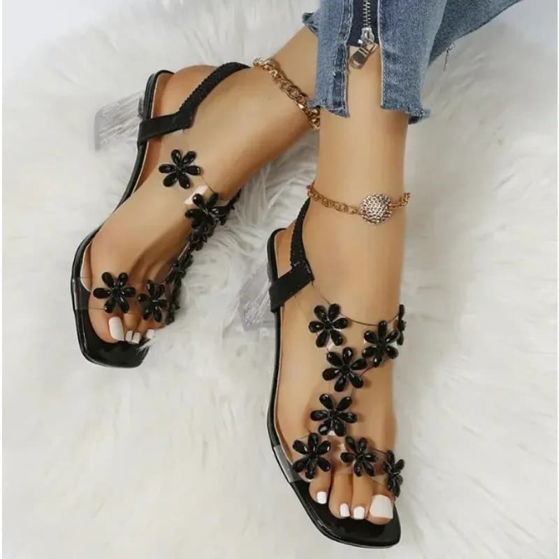 Summer Women Sandals Pvc Crystal Flower Decoration Chunky Heel Peep Toe Back Strap Elastic Band Elegant Fashion Shoes Ladies