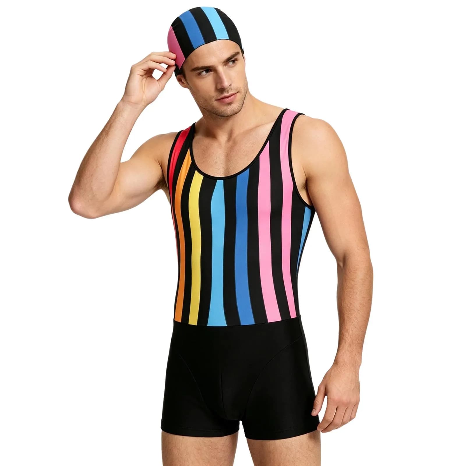 Costume da bagno intero da uomo a righe ad asciugatura rapida con cappuccio, senza maniche, per sport e fitness, body, sottoveste, pantaloncini, tuta da bagno