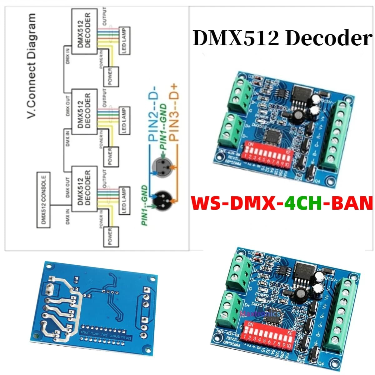 1PCS 4CH DMX512 Decoder Dimmer DC5V-24V Channel RGBW Controller MAX16A WS-DMX-4CH-BAN-V3 for LED Strip Light Tape / Module Lamp
