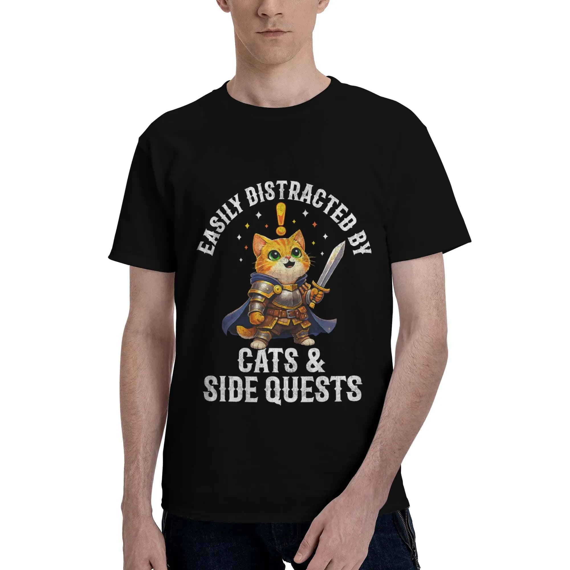 Funny Gamer Easily Distracted By Cats Side Quests T-shirt da uomo, maglietta a maniche corte in cotone