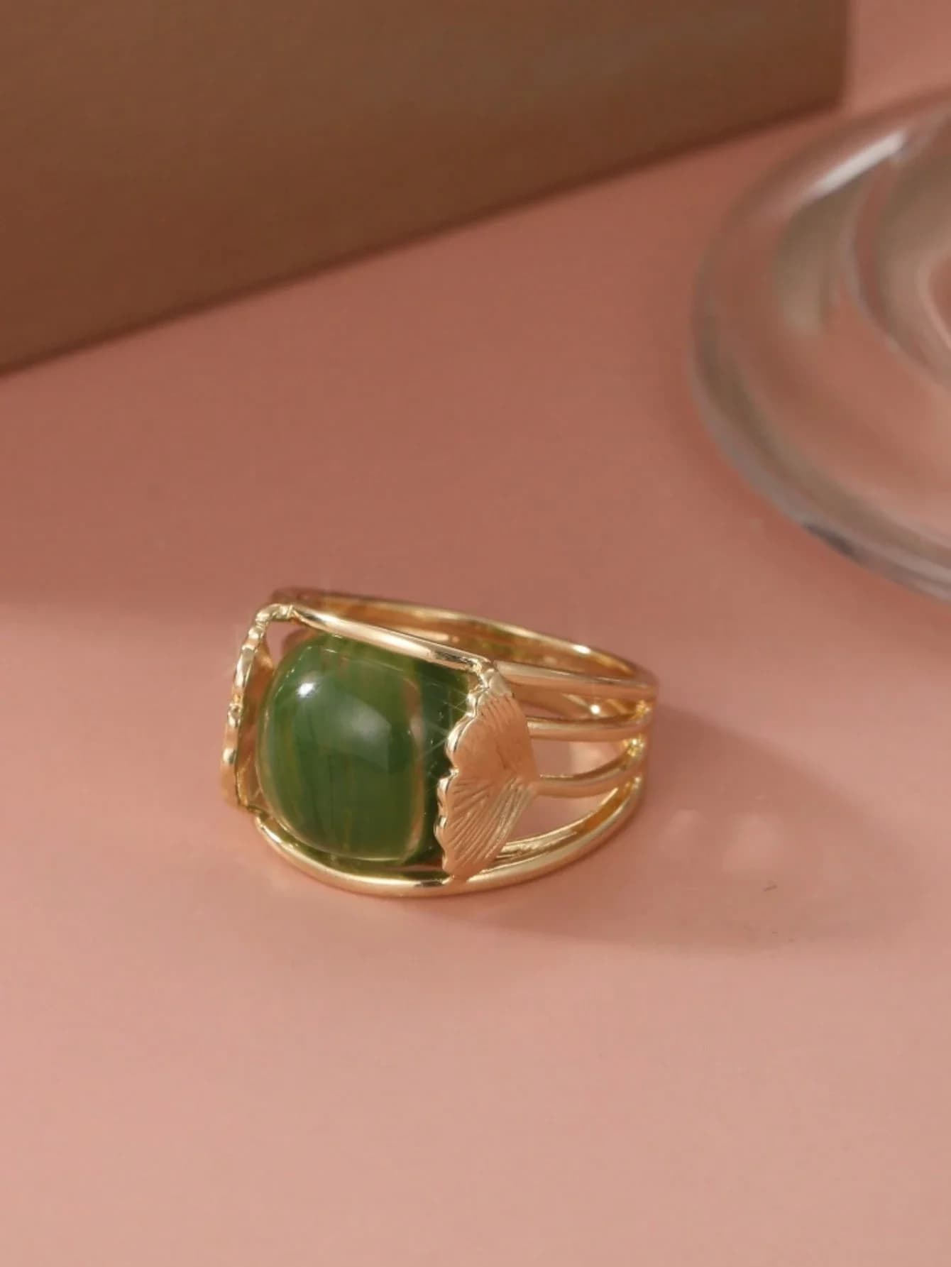Anello Boho Vintage con Foglia di Ginkgo e Pietra Verde per Donna, Gioielli alla Moda