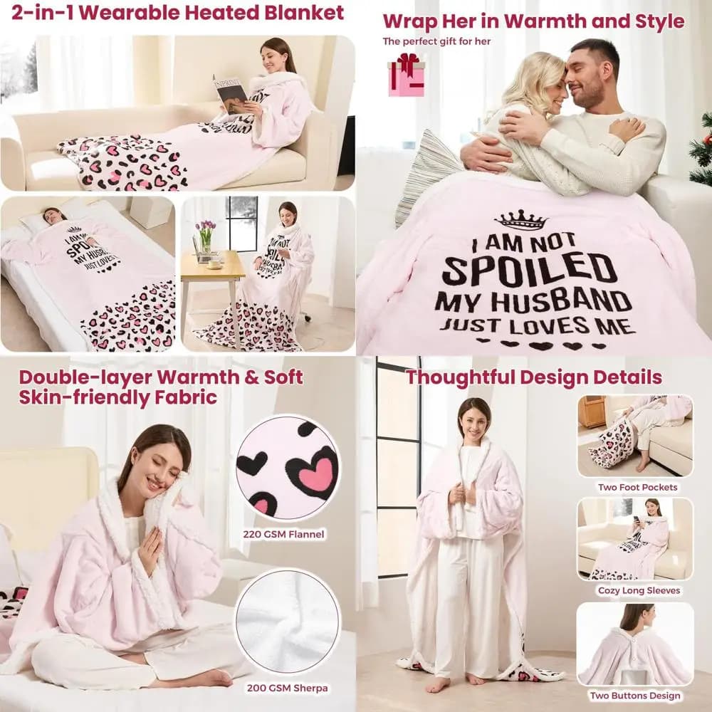 Coperta riscaldata elettrica rosa con maniche e tasca per i piedi, calore e timer a 3 livelli, regalo perfetto per le donne