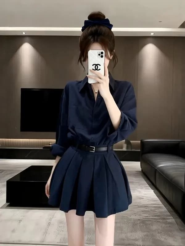 Abito da Lavoro con Effetto Snellente, Design Coreano, Nuovo Stile Primaverile per Donne, Gonna Corta con Vita Stretta e Maniche Lunghe