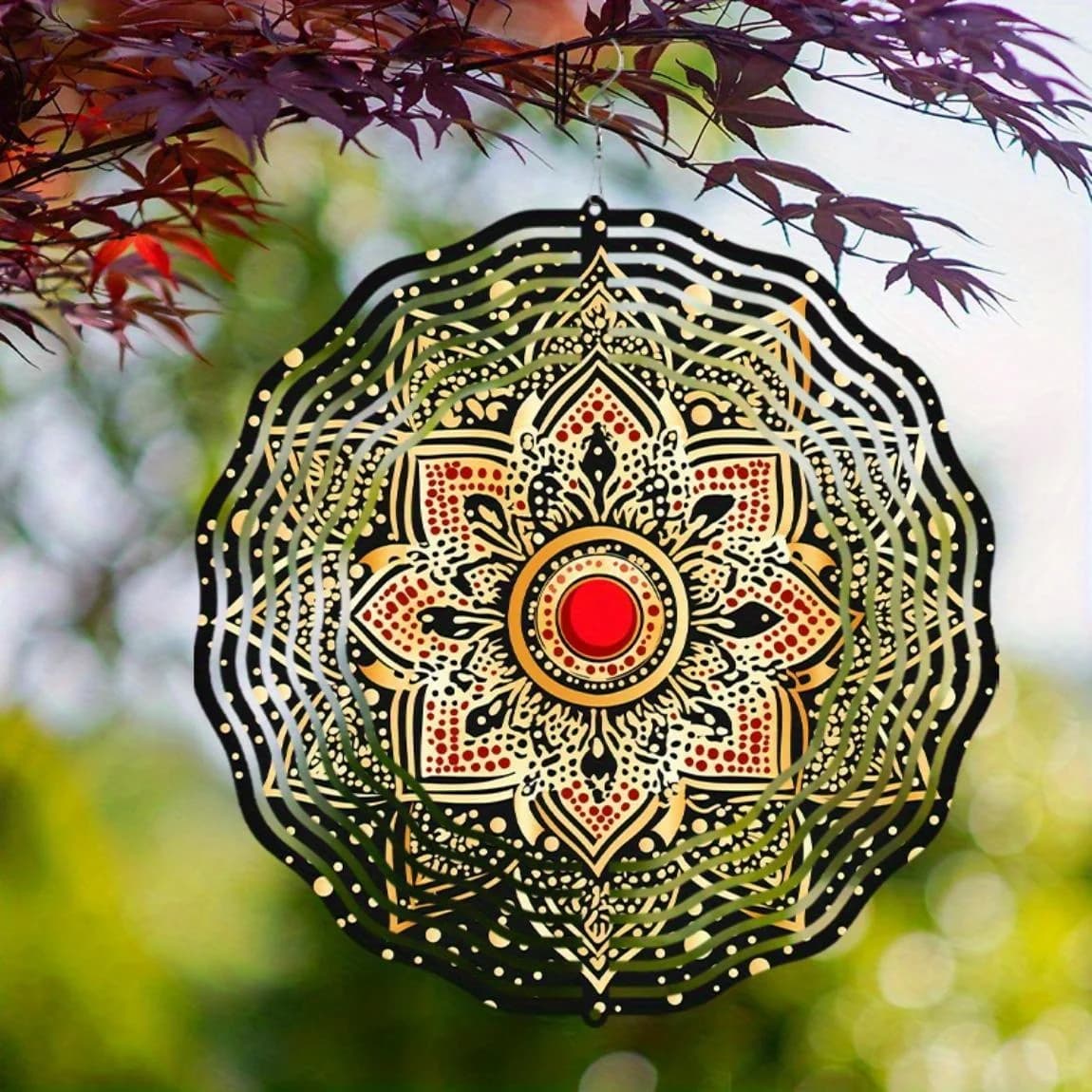 CIFBUY Crystal Mandala Wind Chime Weatherproof Metal Garden Hanging Decor Elegant Black Gold Soothing Sound Outdoor Ornament