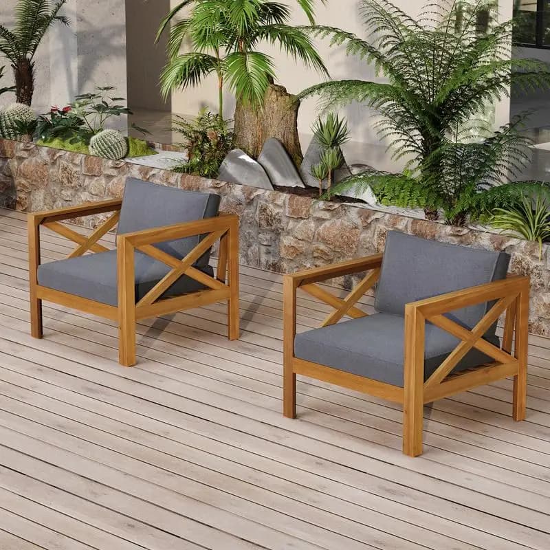 Set poltrona club da esterno in legno di acacia con cuscini - Finitura in teak, cuscini grigio scuro (set di 2)