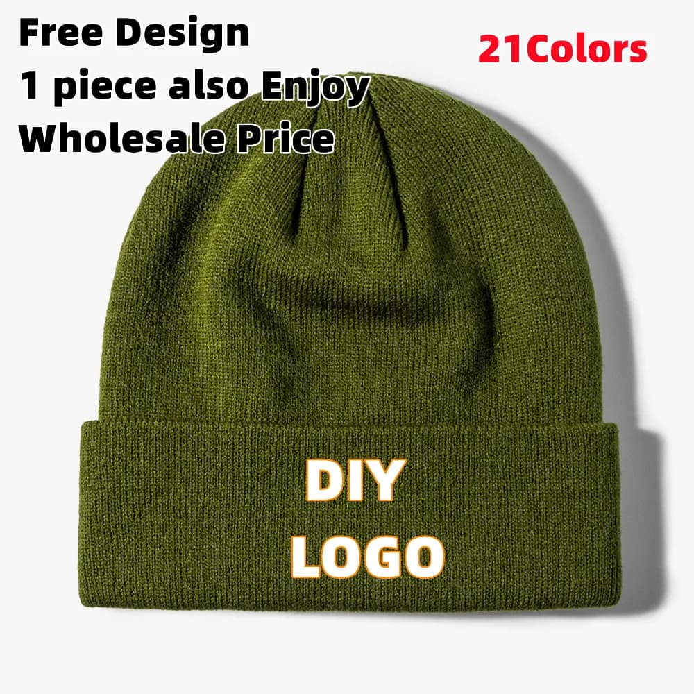 Cappello lavorato a maglia con logo personalizzato personalizzato da 1 pezzo Autunno Inverno Tinta unita Berretti con teschio unisex Cappelli caldi da uomo e da donna