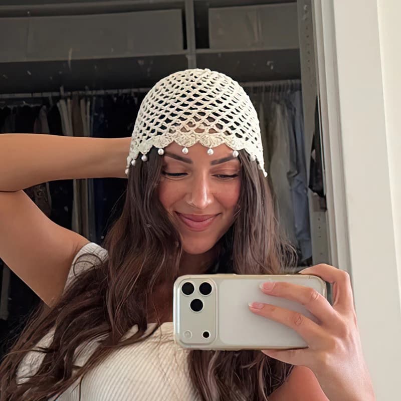 New Pearl Beanie Hat for Women Summer Fashion Hollow Handmade Crochet Beanie Breathable Pullover Hat Knitted Hat Skull Hat