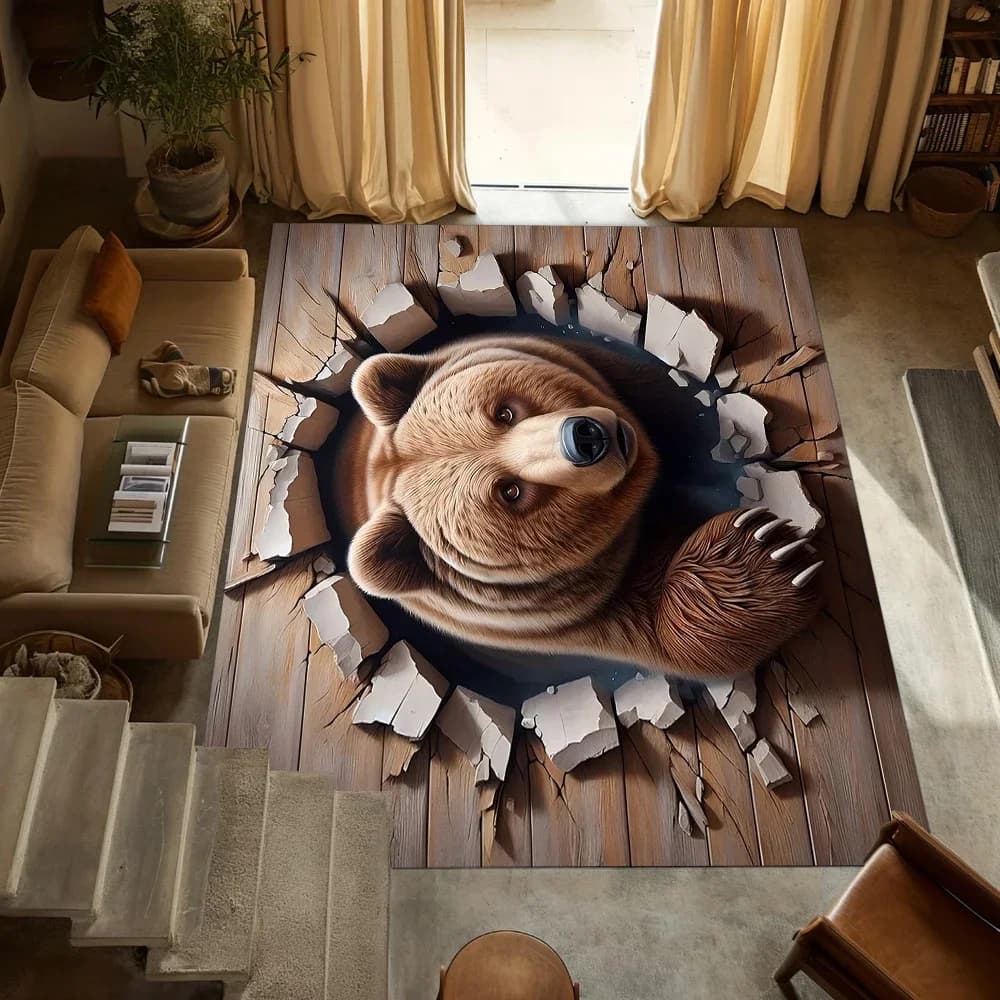 3D Realistic Bear Rug Brown Bear Emerging From Broken Ground Carpet Unique 3D Illusion Floor Mat for Living Room Home Decor