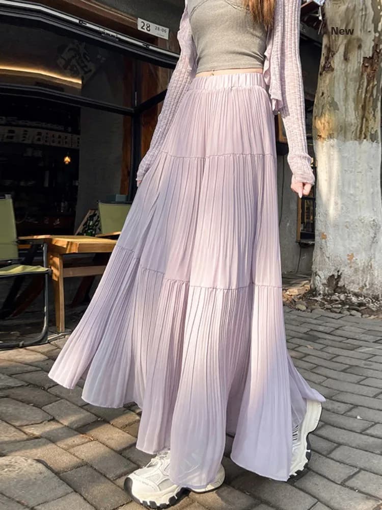 Gonna a trapezio in chiffon viola da donna, nuova collezione estate 2026, gonna a ombrello plissettata sottile a vita alta, lunghezza media, morbida e confortevole